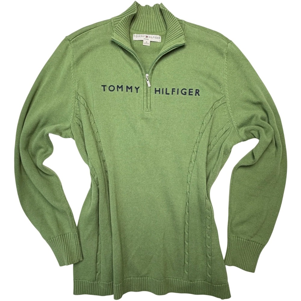 Tommy Hilfiger Y2K Vintage 1/4 Zip Sweater Green 100% Cotton Knit Mock Neck 1X‎ - Picture 9 of 11